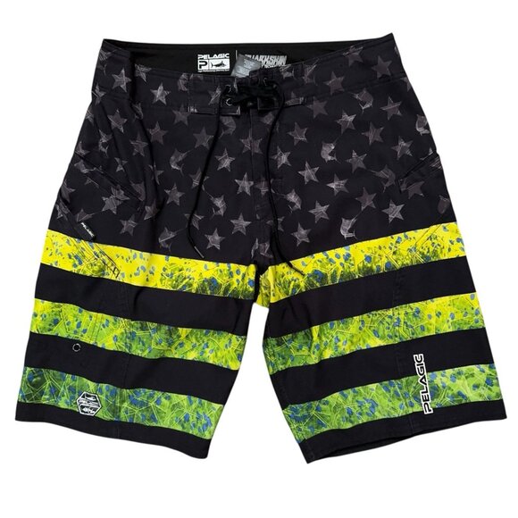Pelagic Sharkskin Board Shorts Mens Size 30 Swim Trunks USA Flag Drawstring Gray - Picture 1 of 5